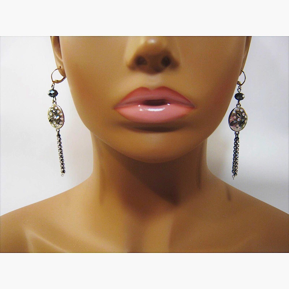 Silver Black Vintage Rhinestone Crystal Long Chain Drop Dangle Earrings 3 inch - Picture 3 of 7